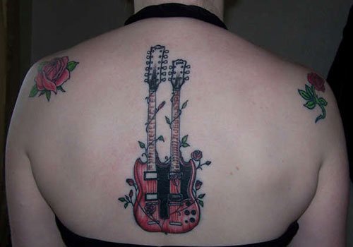Colored Guitar Tattoo On Back