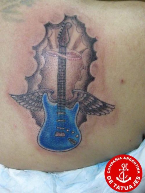 Winged Blue Guitar Tattoo On Back