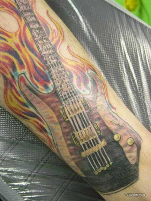 Colored Flaming Guitar Tattoo On Right Sleeve