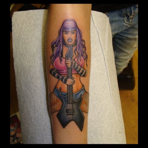 Pinup Girl With Guitar Tattoo On Leg