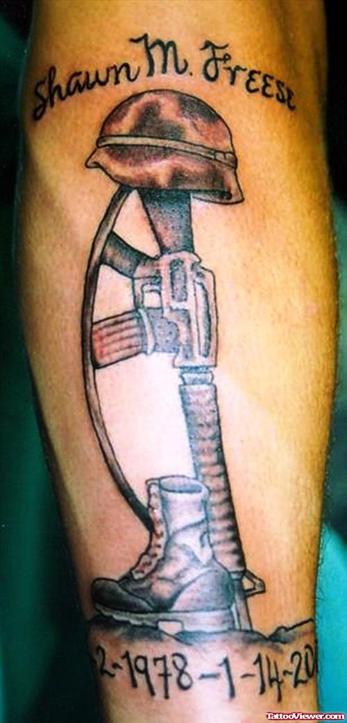 Memorial Military Gun Tattoo On Arm