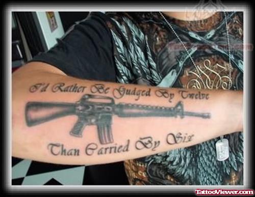Grey Ink Large Gun Tattoo On Right Arm
