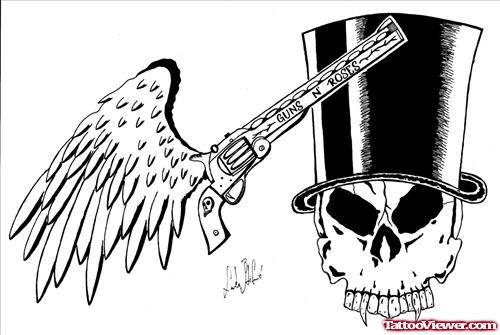Grey Ink Winged Gun And Skull With Hat Tattoo Design
