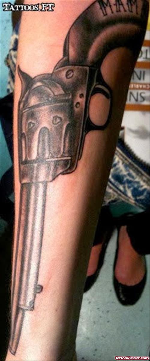 Grey Ink Gun Tattoo On Full Sleeve