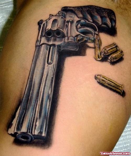 Grey Ink Gun And Bullets Tattoo