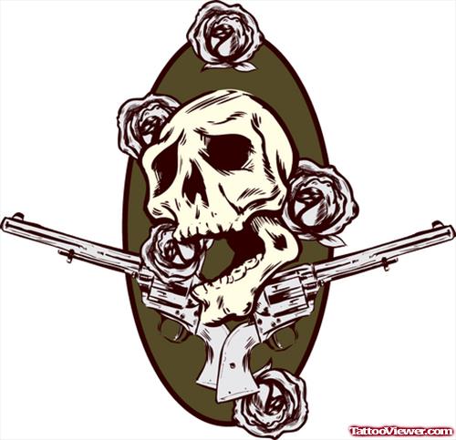 Rose Flowers And Gun Tattoos Design