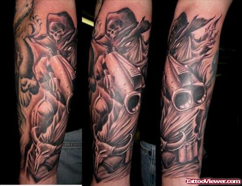 Grey Ink Ghost With Gun Tattoo On Full Sleeve