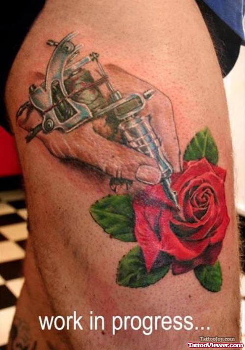 Red Rose And Tattoo Gun Tattoo