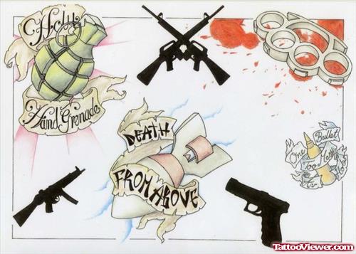 Death From Above Banner And Gun Tattoos Designs
