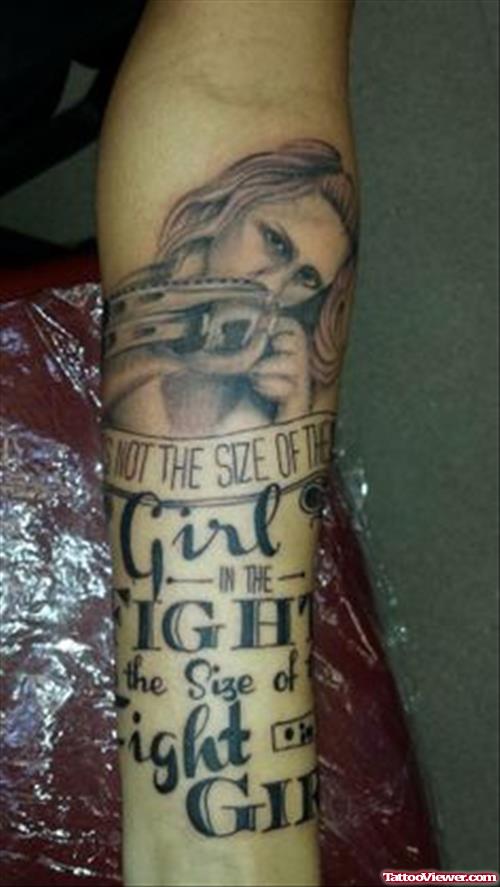 Amazing Grey Ink Girl and Gun Tattoo On Sleeve