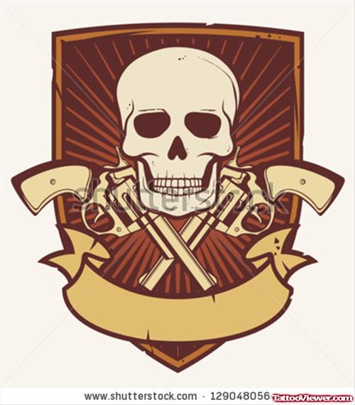 Banner And Pistols With Skull Tattoo Design