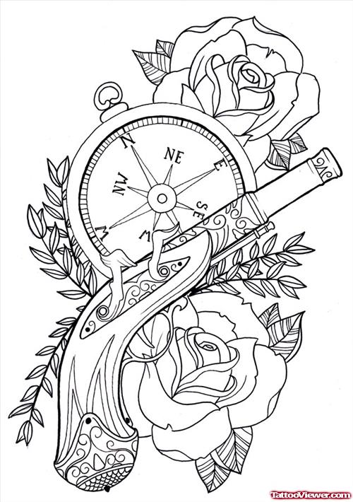 Rose Flowers Compass And Gun Tattoo Design