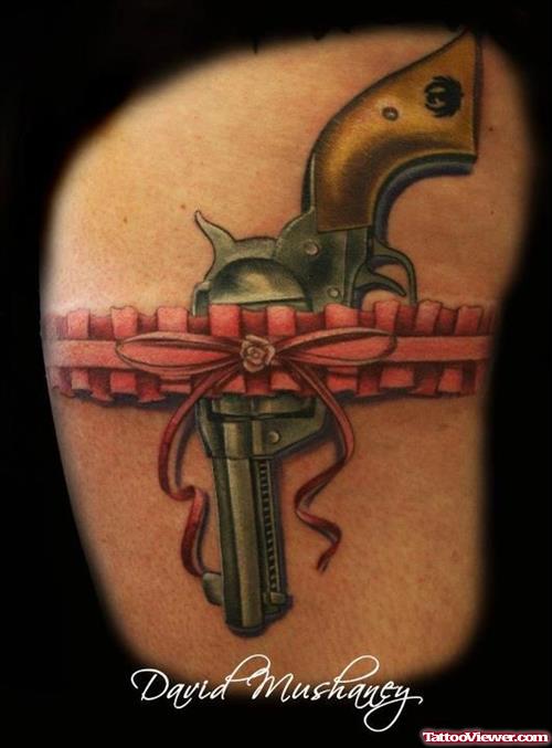 Garter And Lace Gun Tattoo