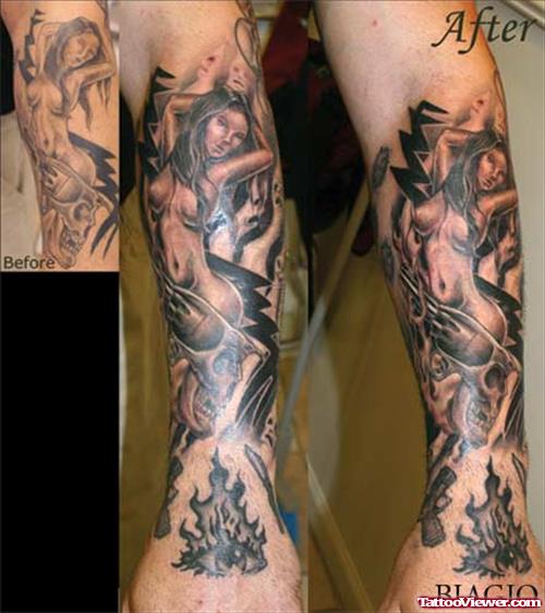 Lady Skull Gun Tattoo On Arm
