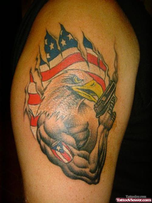 American Eagle With Gun Tattoo On Half Sleeve