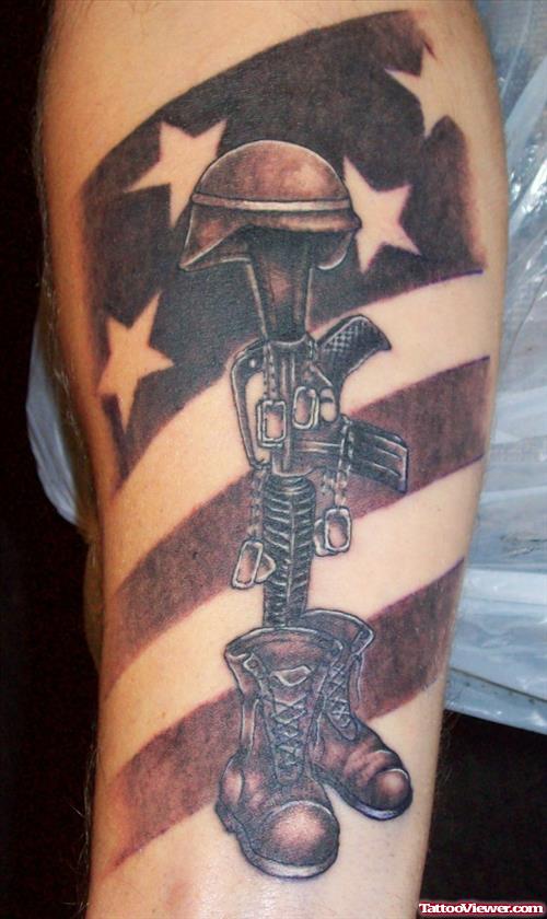 Gun Military And Us Flag Tattoo On Left Half Sleeve