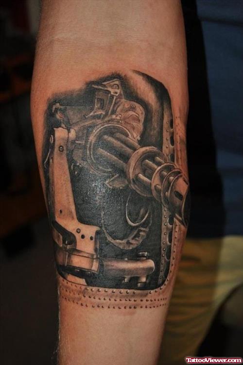 Dark Ink Gun Tattoo On Arm
