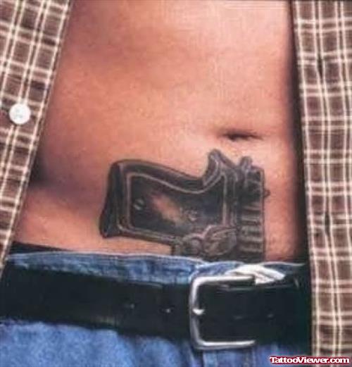 Gun Tattoo On Front Thigh