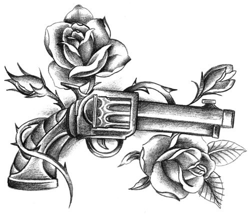 Grey Ink Rose Flowers And Gun Tattoos Design