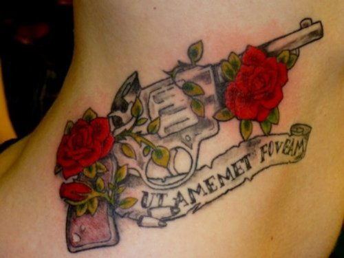 Red Rose Flowers And Hun Tattoo On Side