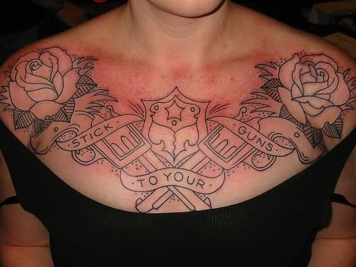 Outline Rose Flowers And Gun Tattoos On Chest