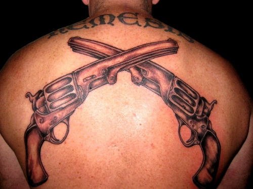 Grey Ink Gun Tattoos On Back Body