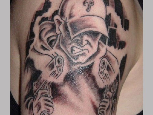 Grey Ink Guns Tattoos On Shoulder