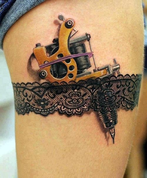 Tattoo Machine Gun Tattoo On Side Thigh