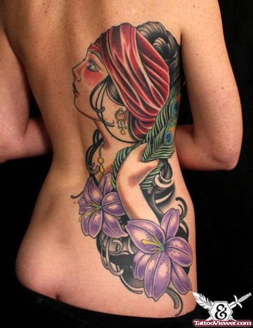 Purple Flowers and Gypsy Tattoo On Back