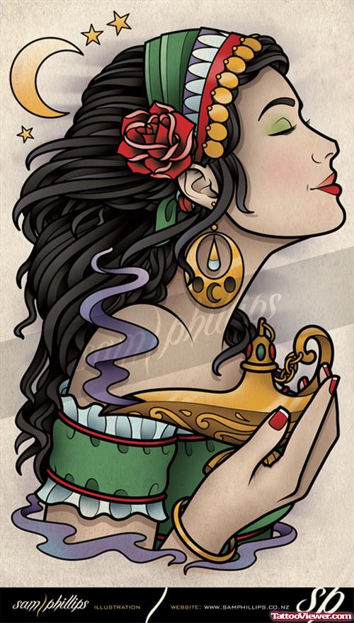 Awesome Colored Gypsy Tattoo Design