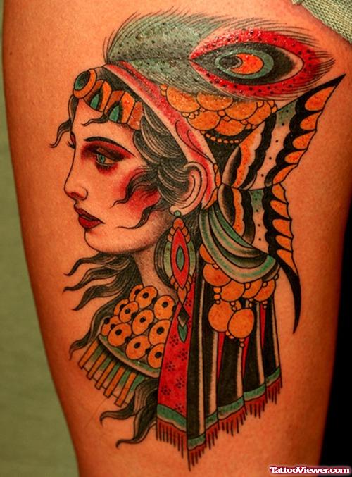 Attractive Colored Gypsy Girl Head Tattoo