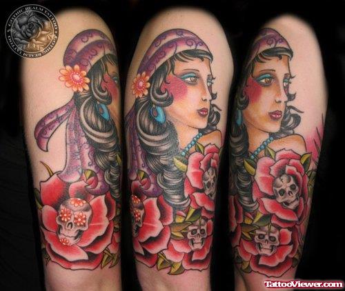 Red Flowers And Gypsy Tattoo Design