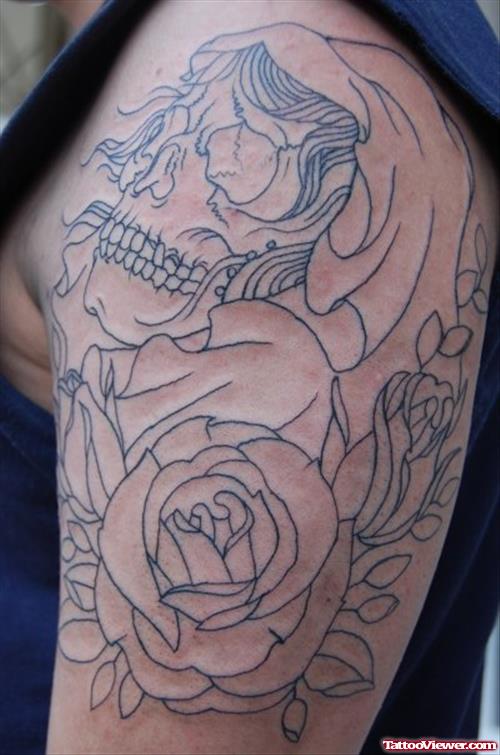Outline Skull And Gypsy Tattoo On Half Sleeve