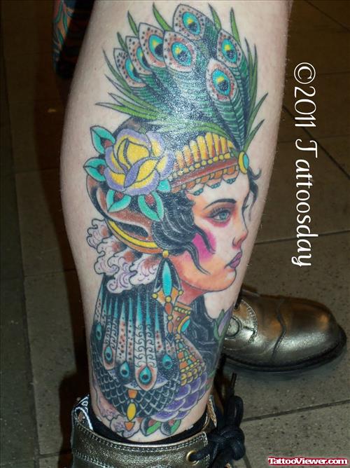 Native Gypsy Tattoo On Right Leg