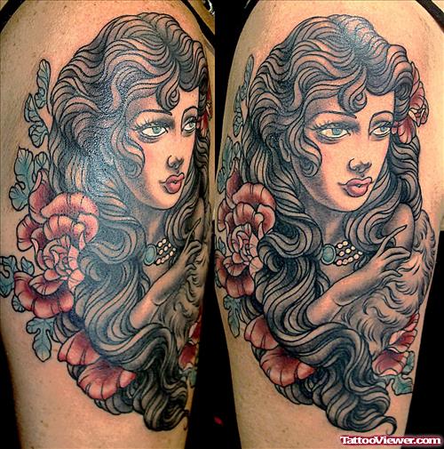 Flowers and Gypsy Head Tattoo On Right Half Sleeve