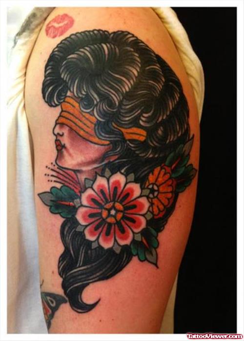 Color Flower and Gypsy On Left Half Sleeve