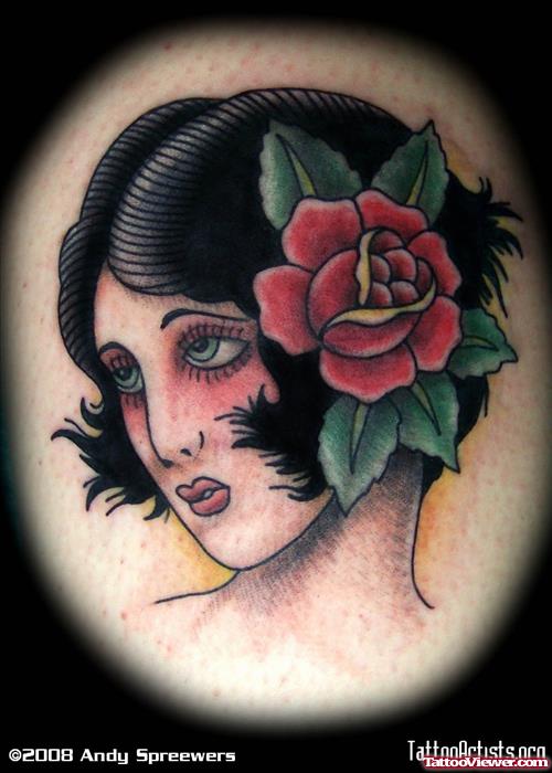 Red Rose Flower And Gypsy Girl Tattoo