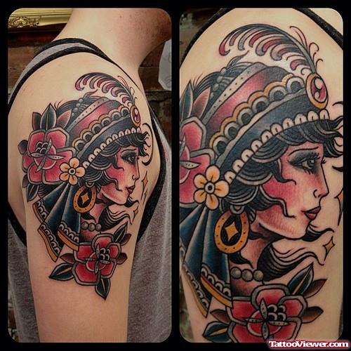 Red Flowers And Gypsy Tattoo On Right Half Sleeve
