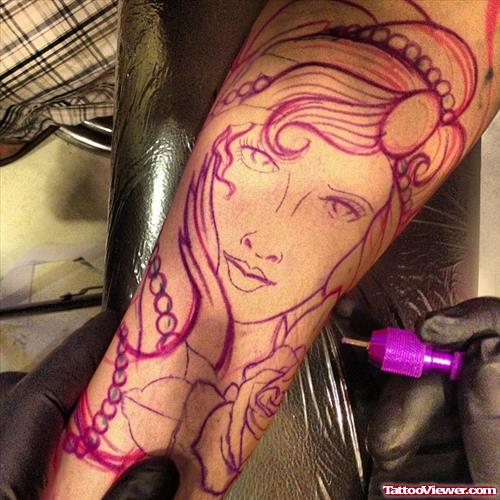 Outline Gypsy Head Tattoo On Arm