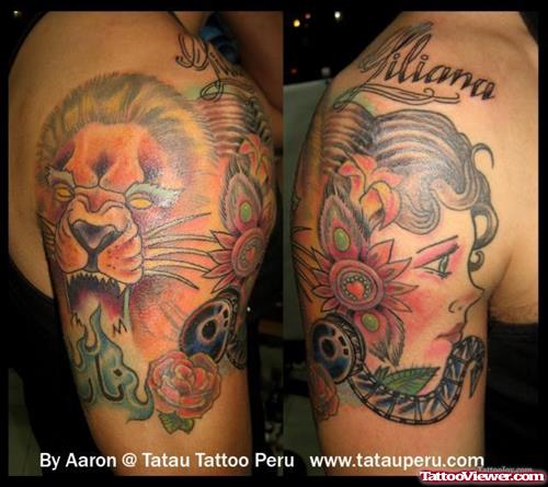 Lion Head And Gypsy Tattoo On Right Shoulder