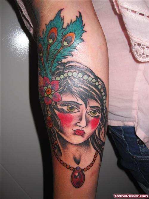 Gypsy With Peacock Feather On Head Tattoo On Arm
