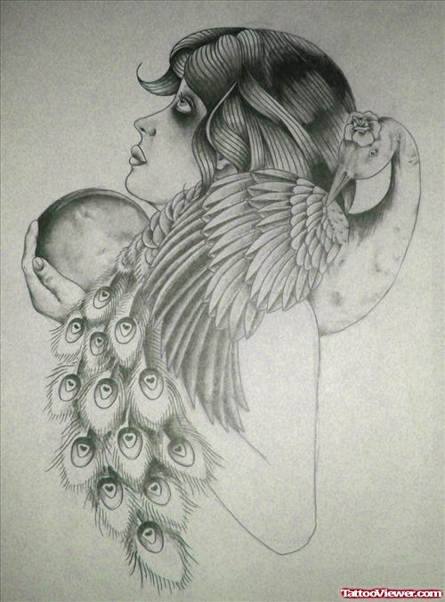 Grey Ink Peacock And Gypsy Tattoo Design