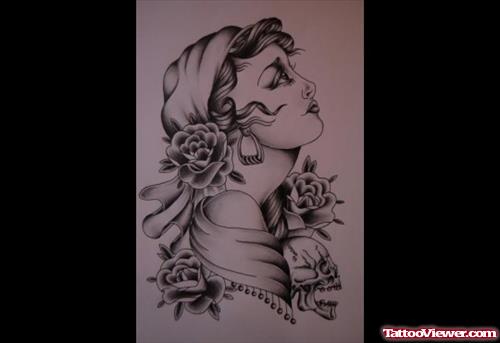 Grey Flowers And Gypsy Tattoo Design