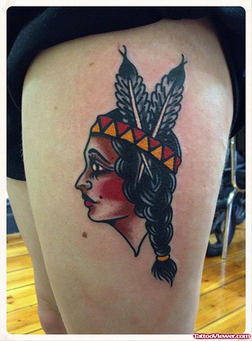 Color Gypsy Head Tattoo On Thigh