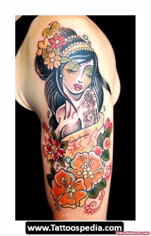 Color Flowers And Gypsy Tattoo On Half Sleeve