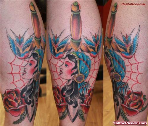 Red Rose Flying Bird and Spider Web With Dagger Gypsy Head Tattoo
