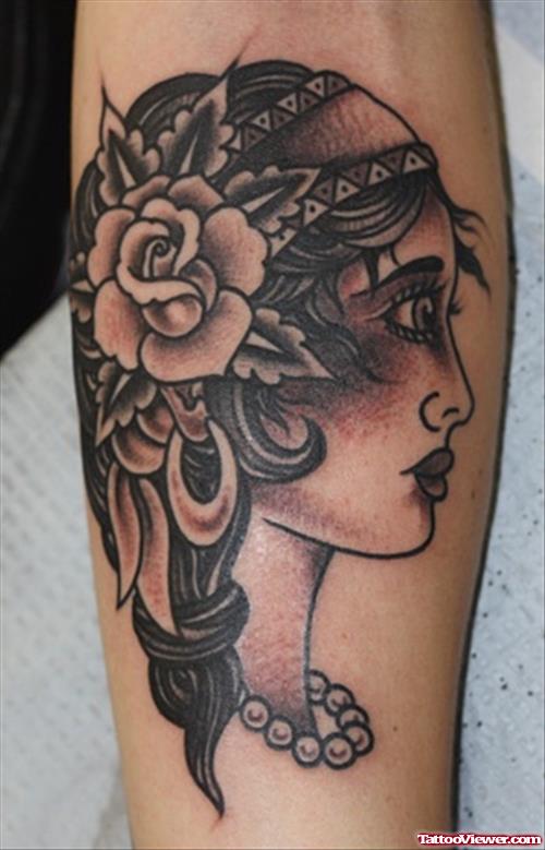Grey Rose Flower And Gypsy Head Tattoo