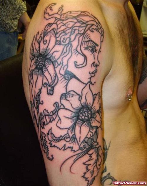 Grey Ink Flower and Gypsy Tattoo On Half Sleeve