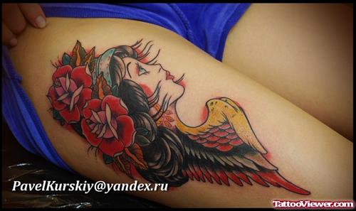 Attractive Red Flowers and Gypsy Tattoo On Right Thigh