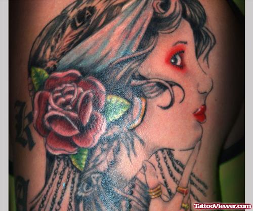 Gypsy With Red Rose Flower In Hairs Tattoo